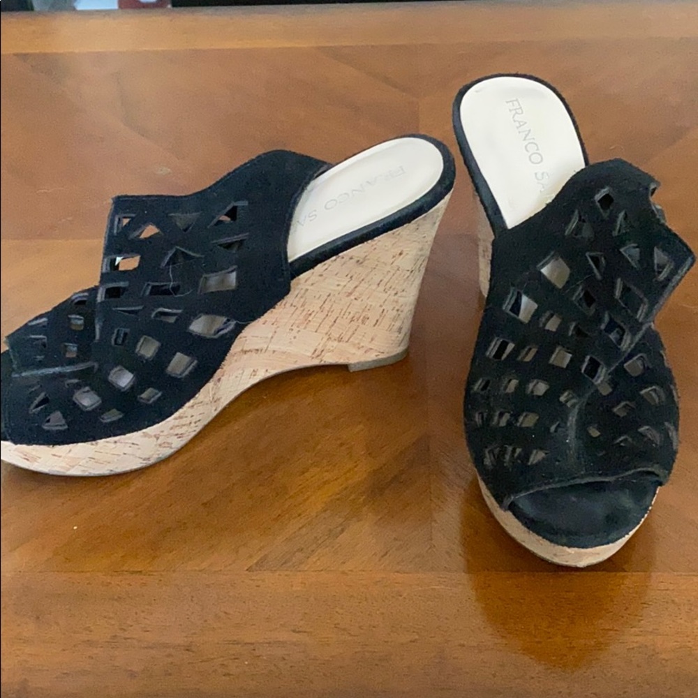 Franco Sarto Black Suede Wedges with Cork Heel